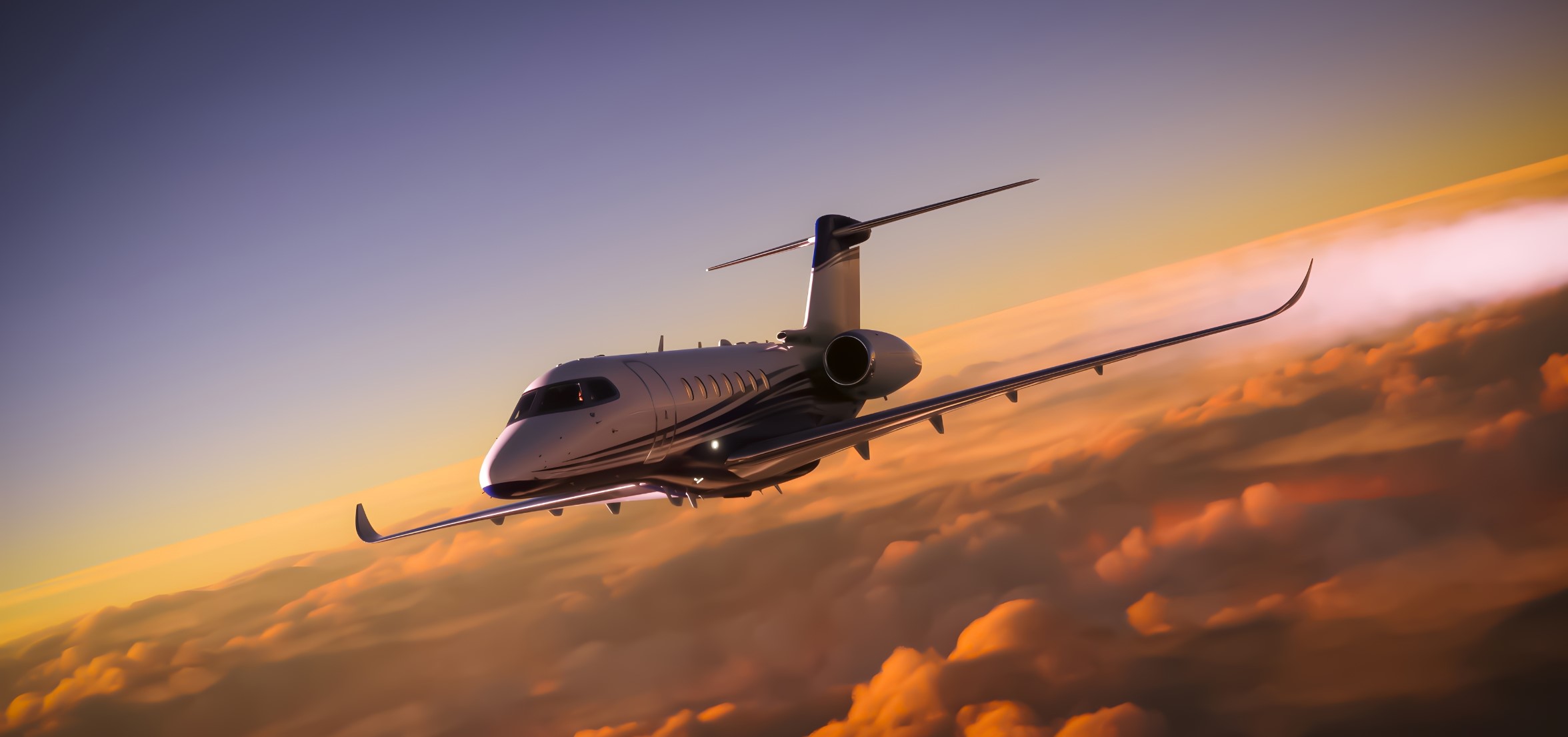 Luxury private jet in flight above the clouds at sunset