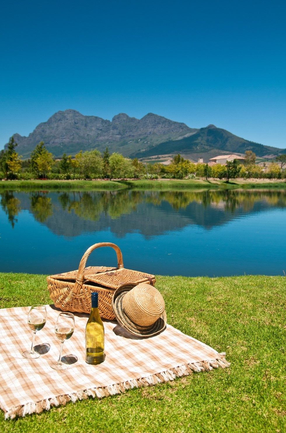 Luxury picnic beside a lake in front of a mountain